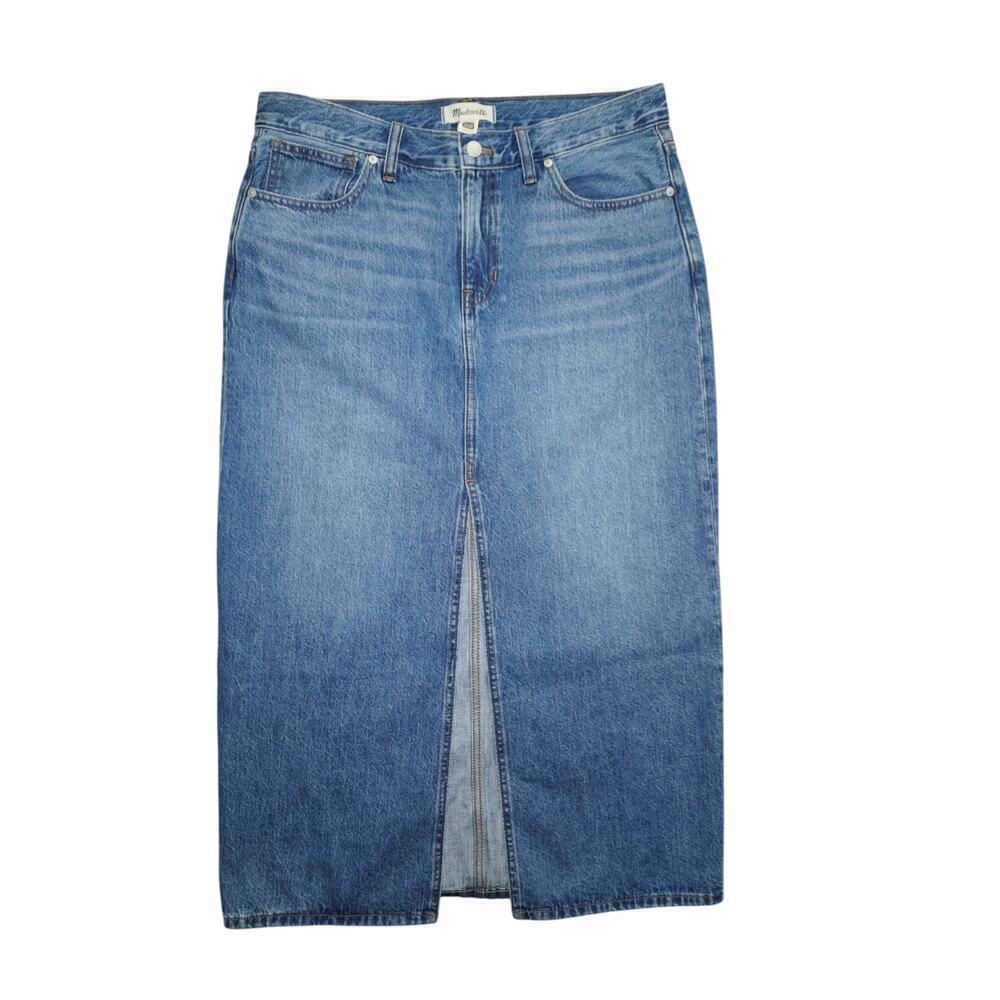 Madewell High Waist Denim Midi Skirt with Front Slit – Size 29